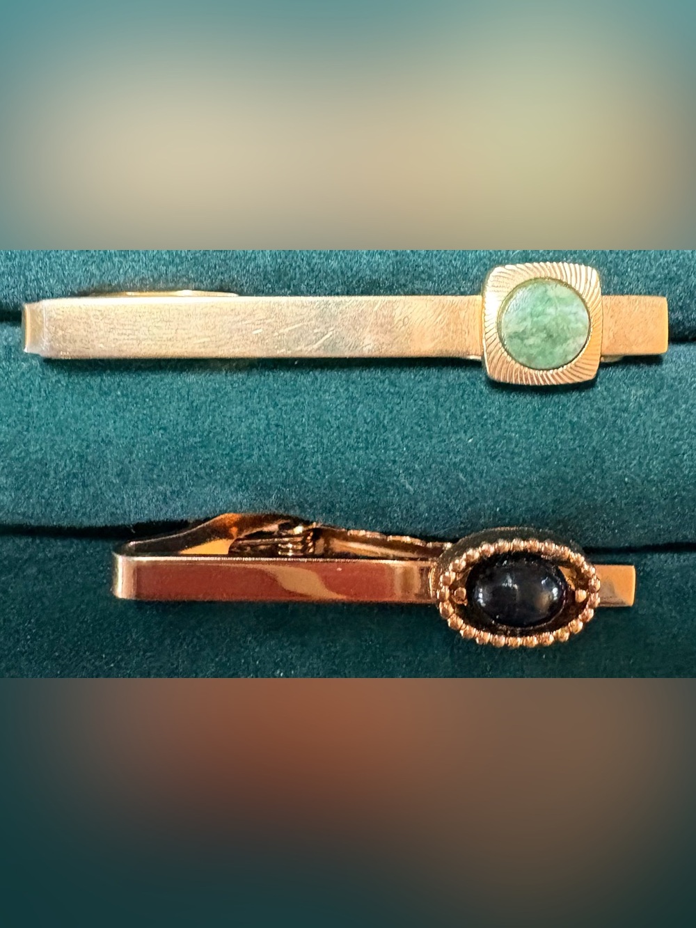 Vintage Men's Tie Clips •Green & Black Cabochon Stones (2-Piece Lot)